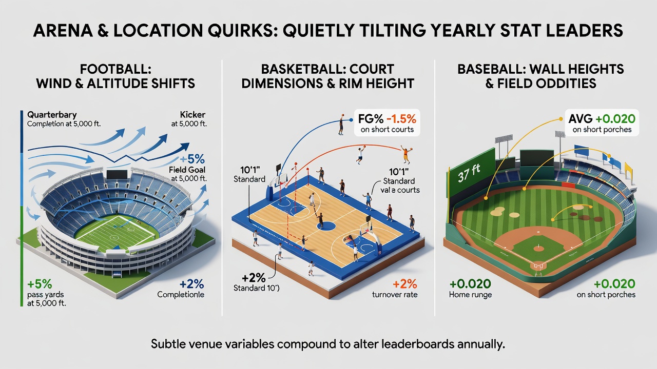 Indoor basketball arena with distinctive lighting and seating layout influencing game statistics