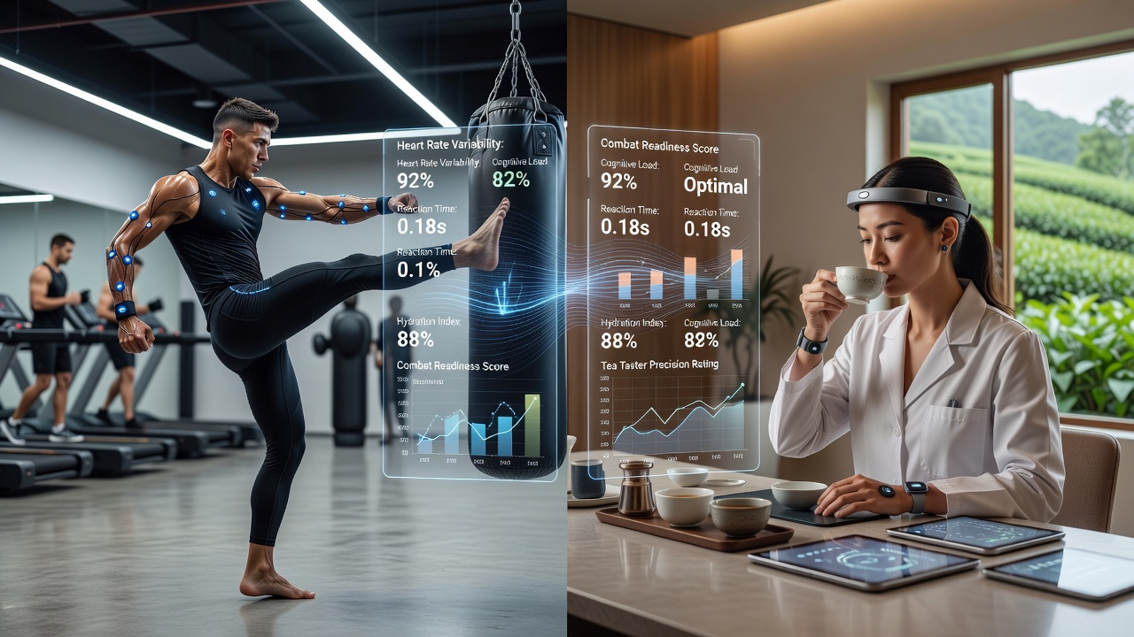 Team of analysts reviewing biometric data dashboards from athletes in various sports