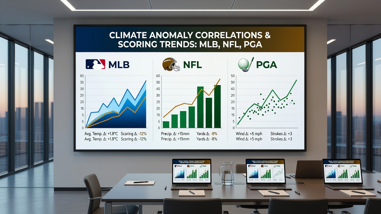 Infographic illustrating PGA Tour scoring averages plotted against regional temperature and wind anomalies during tournament weeks