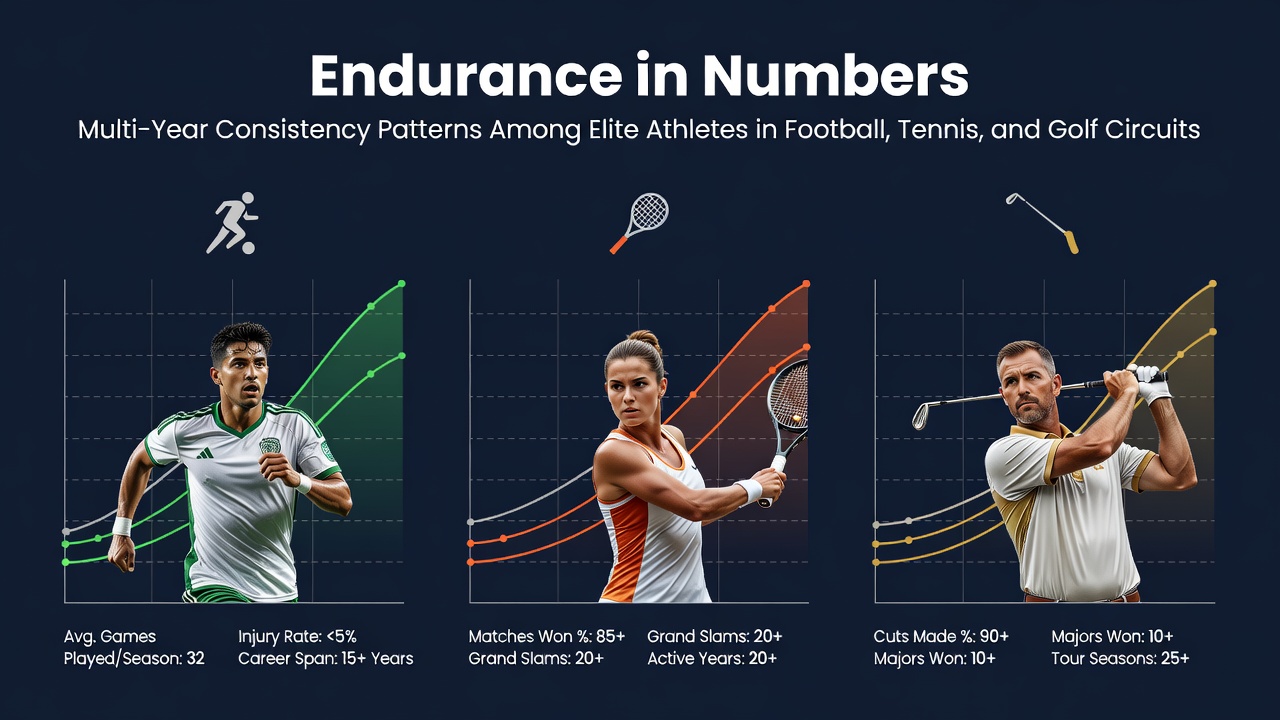 Elite athletes demonstrating consistency across football pitches, tennis courts, and golf courses over multiple seasons