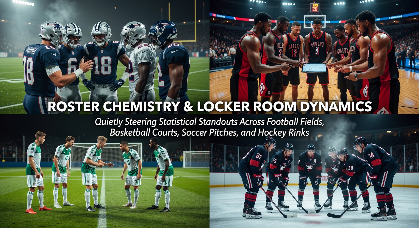Players discussing strategy in a locker room setting across multiple sports venues
