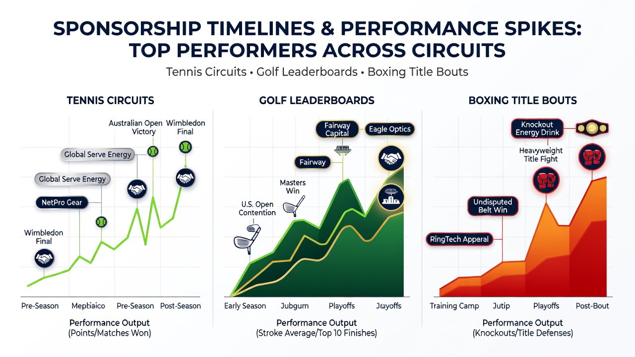 Athletes reviewing sponsorship contracts alongside performance charts from tennis, golf, and boxing events