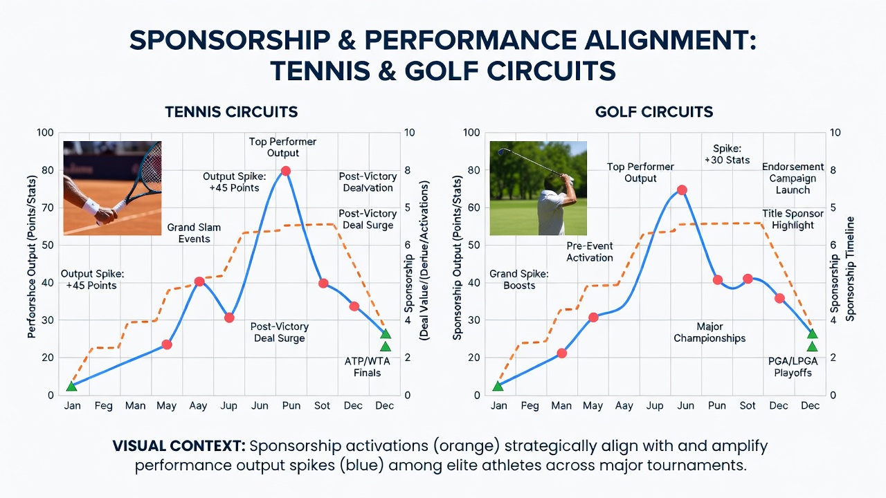 Performance graphs overlaying sponsorship announcement dates with spikes in tennis win rates, golf scoring averages, and boxing punch statistics