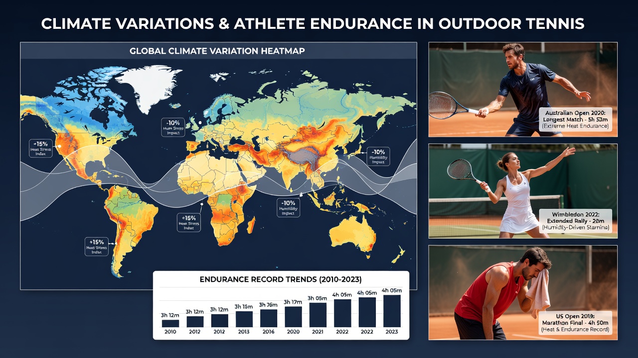 Heatmap visualization of endurance record correlations with climate zones across tennis grand slams and major golf championships from 2015 to 2025