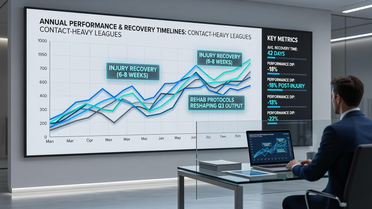 Detailed view of performance tracking dashboards used by medical staff in professional contact leagues to monitor recovery progress