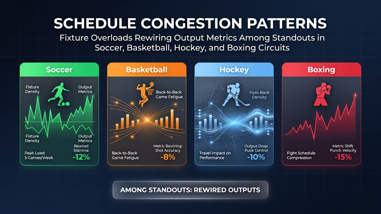 Visual representation of congested sports schedules showing overlapping fixtures across soccer, basketball, hockey and boxing leagues