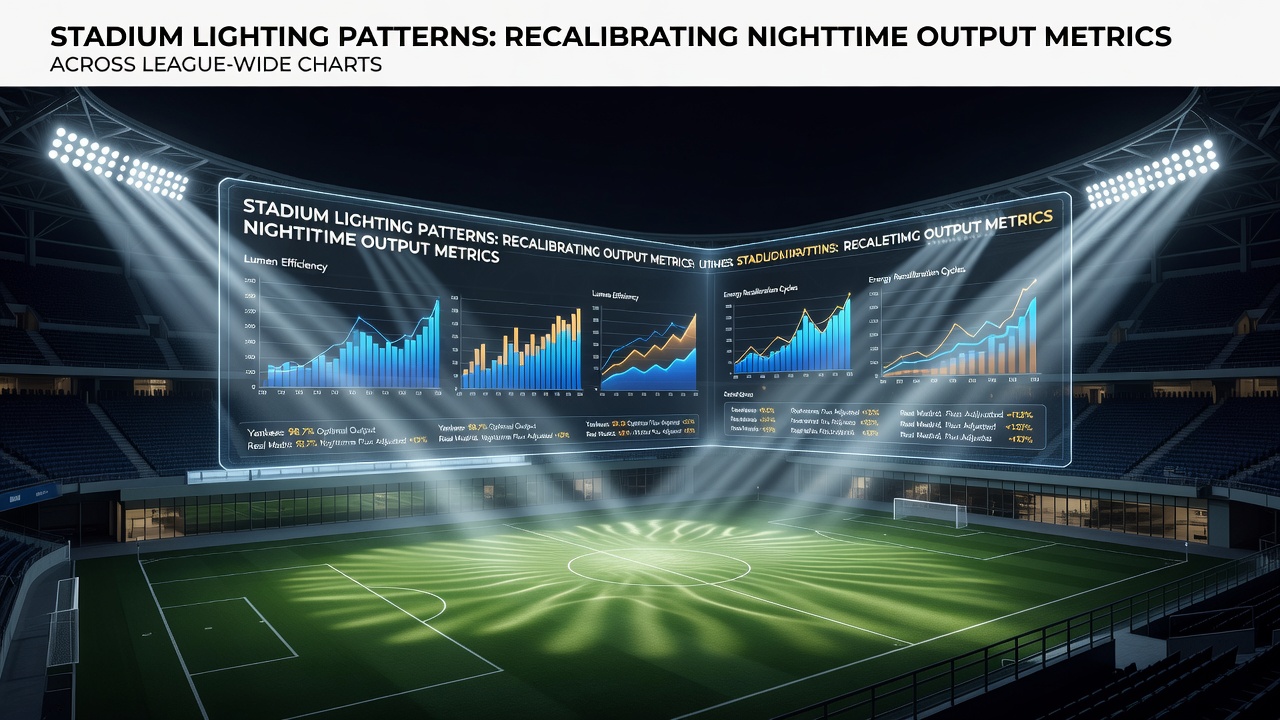 Stadium lighting systems illuminating a professional baseball field during a nighttime game, showing LED arrays and their impact on visibility