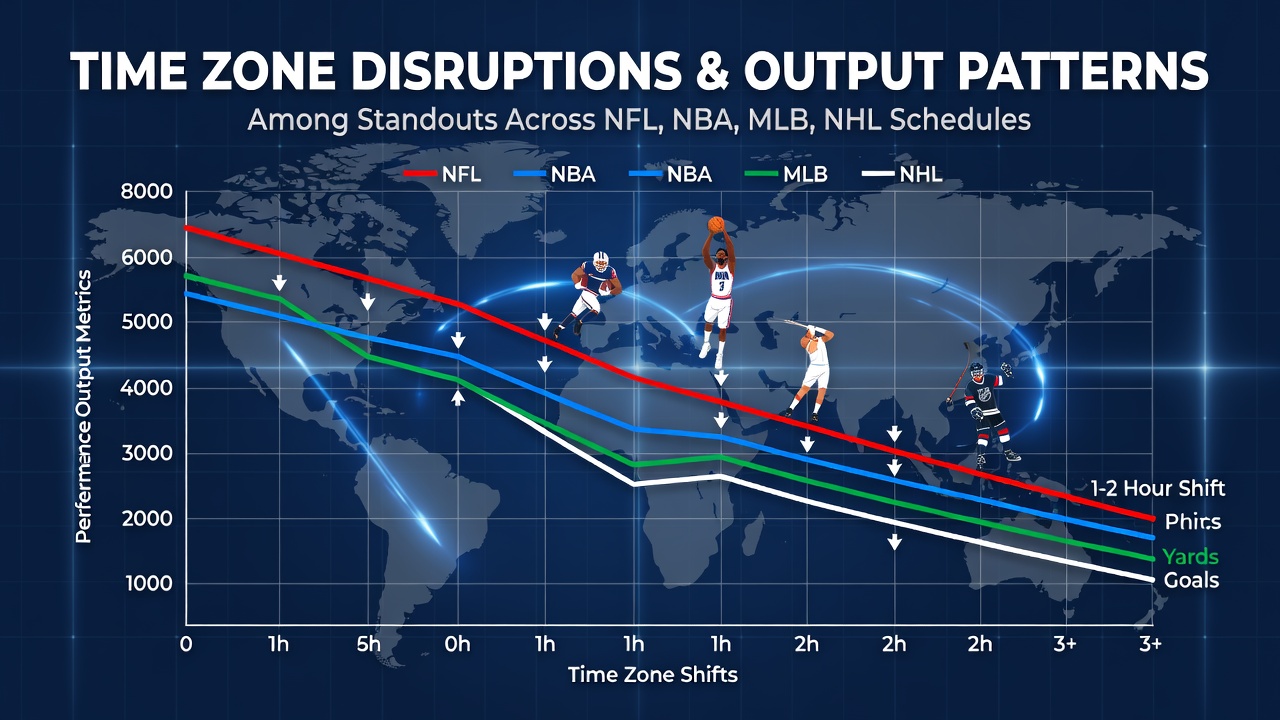 Athletes traveling across time zones with clocks showing disrupted schedules in professional sports leagues