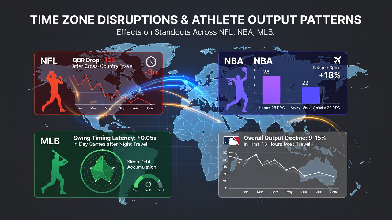 Basketball and hockey players adjusting to time changes during road trips affecting performance metrics