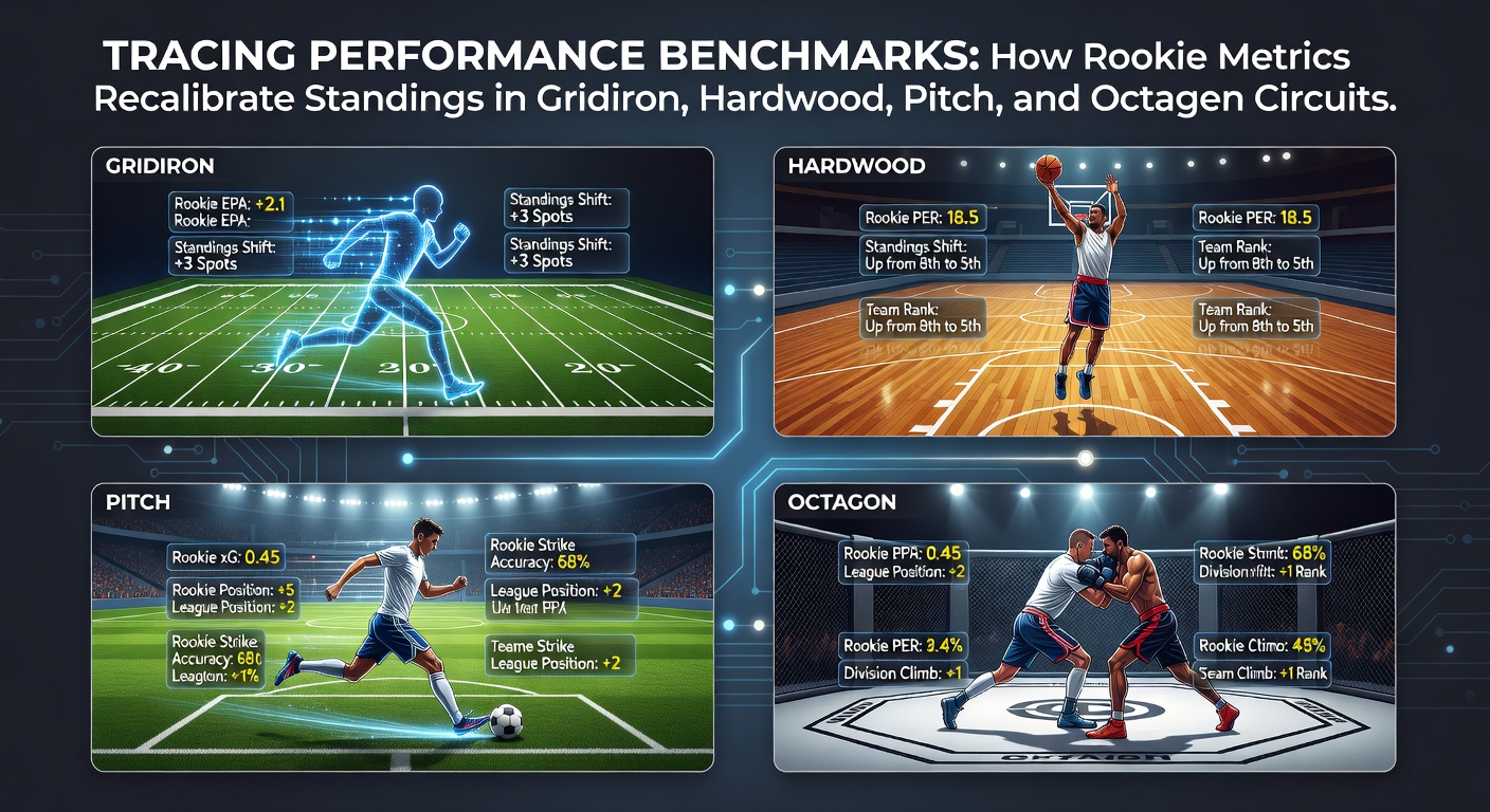 Rookie athletes reviewing performance data across gridiron, hardwood, pitch and octagon sports