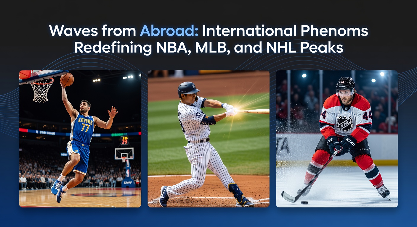 Collage of international NBA, MLB, and NHL stars celebrating milestones on court, field, and ice
